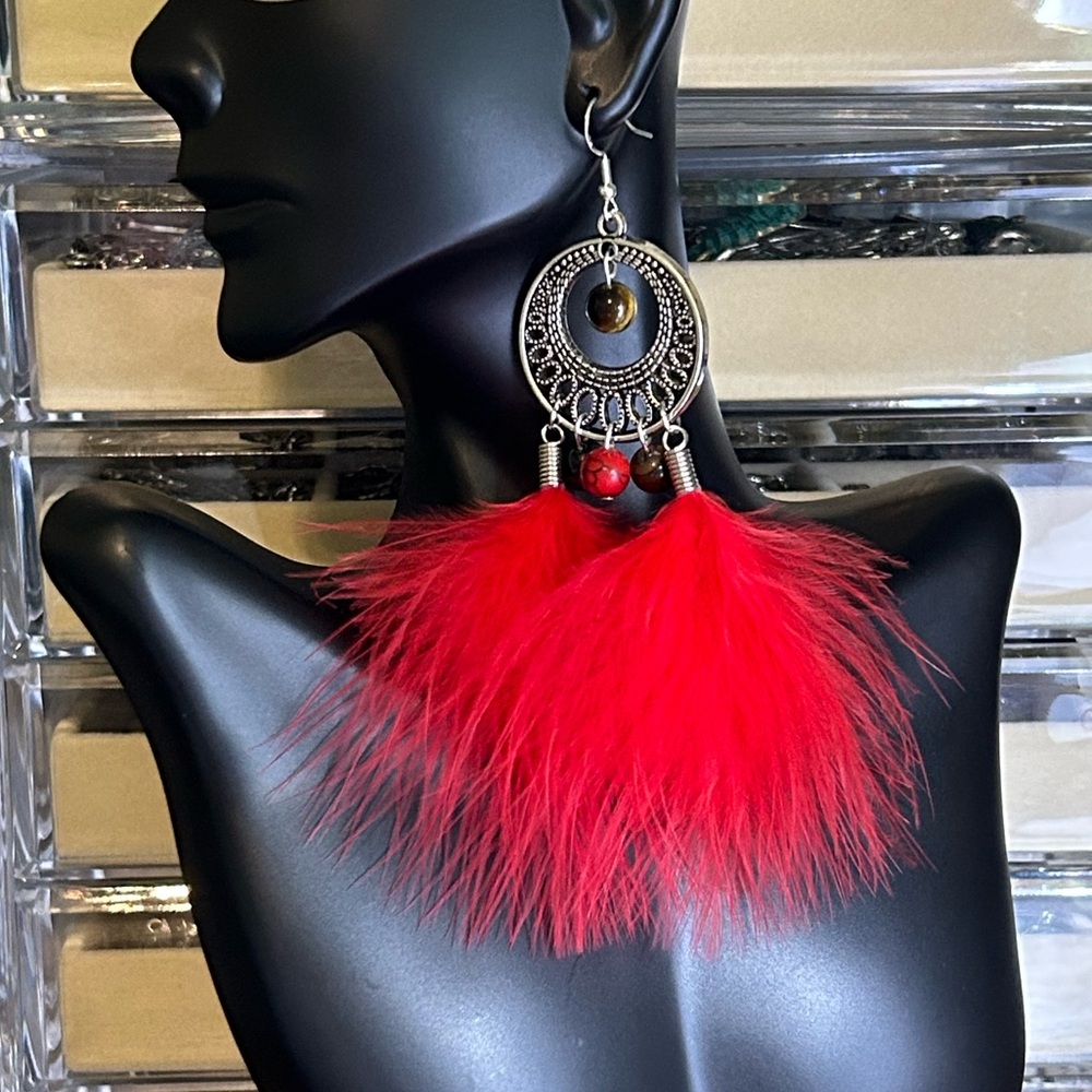Handmade Red Feather Boho Earrings with Tiger Eye & Turquoise Gemstones!